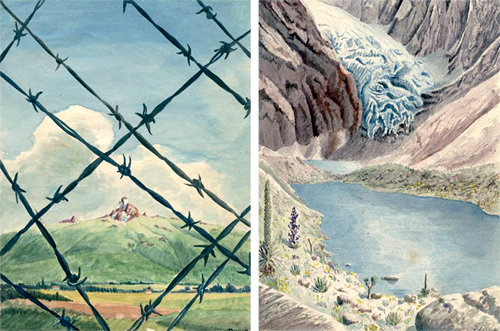 포로수용소의 철조망 새로 보이는 케냐 산(왼쪽), 바위와 암벽 가운데 자리 잡은 호수. 저자 펠리체 베누치가 직접 그렸다. 박하 제공