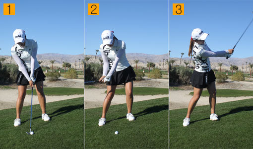 1. 스탠스를 조금 더 넓게 벌려 안정된 자세를 잡고 양 무릎과 양 어깨가 이루는 선을 경사면과 평행이 되도록 셋업한다. 2. 다운스윙 때 어깨가 경사면을 따라 스윙하게 한다. 3. 체중의 이동을 최대한 줄이면서 스윙은 4분의3정도로 진행한다.