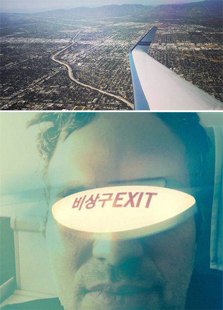 세월호 1주년인 16일 내한한 로버트 다우니 주니어는 한국행 비행기 안에서 찍은 바깥 풍경을, 마크러펄로는 ‘비상구’라는 한글이 얼굴에 비친 사진을 올렸다. 로버트 다우니 주니어·마크 러펄로 인스타그램
