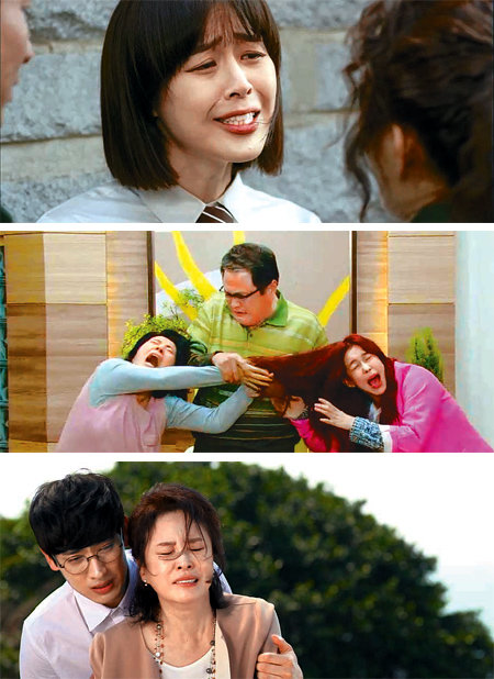 드라마 속 ‘엄친아’가 반란을 일으키고 있다. KBS ‘착하지 않은 여자들’에서 명문대 박사 정마리(이하나)는 자신을 교수로 만들려는 엄마에게 반항한다(위 사진). KBS ‘파랑새의 집’ 속 오민자(송옥숙)는 교사를 그만두고 방송작가를 하겠다는 딸의 머리채를 잡고(가운데 사진) MBC ‘여왕의 꽃’의 마희라(김미숙)는 낭떠러지에서 뛰어내리겠다며 아들을 협박한다. KBS MBC 화면 캡처