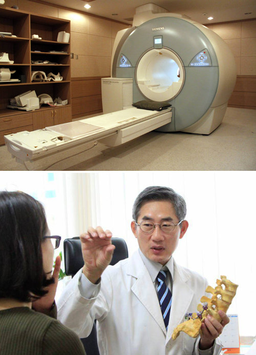 최신 자가공명영상장치(MRI·위쪽)를 갖춘 제일정형외과병원. 이 병원 신규철 원장(아래쪽)은 “부위마취, 최소절개, 무수혈, 최단기 입원 등 4가지 원칙으로 병원을 운영하고 있다”고 말했다. 제일정형외과병원