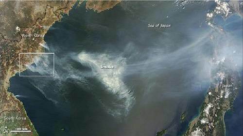 북한 산불 연기 일본까지 덮어. 사진=NASA