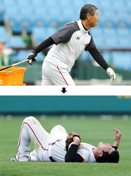 자존심 상했지만… 한화 정근우(아래쪽 사진)는 3일 롯데와의 대전 경기 뒤 김성근 감독의 펑고를 받으며 30여 분간 그라운드를 굴렀다. 한화 제공