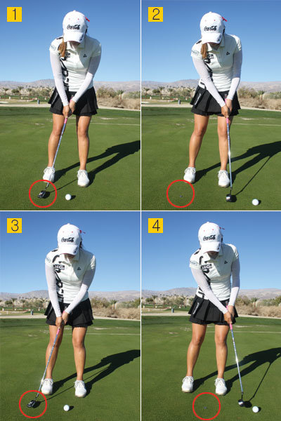 1,2. 퍼터의 헤드 뒤쪽에 동전을 올려놓고 스트로크 해보자. 동전이 공의 뒤쪽(오른발)에 떨어지면 손목을 많이 쓰고 있거나 또는 스트로크의 속도가 천천히 올라갔다가 빠르게 진행되고 있다는 것을 의미한다. 3,4. 스트로크의 속도를 일정하게 유지하면 동전은 공이 놓여있던 지점에 떨어진다. 이 상태를 유지해 계속 연습하면 훨씬 부드럽고 매끄러운 퍼트 스트로크를 만들 수 있다.