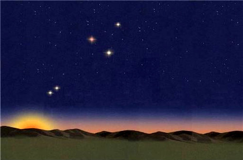 151년 8월 10일 새벽 동쪽 하늘에 수성, 토성, 화성, 금성, 목성(왼쪽부터 차례대로) 등 다섯 행성이 모여 있는 상상도. 한국아마추어천문학회 제공