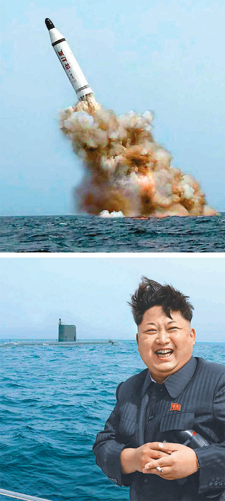 발사 지켜보며 웃는 김정은 북한이 8일 실시한 잠수함발사탄도미사일(SLBM) 수중 사출시험 과정에서 모의 탄도탄이 바다 위로 솟아오르고 있다(위쪽 사진). 북한 조선중앙통신은 9일 김정은 노동당 제1비서가 지켜보는 가운데 실시된 전략잠수함의 탄도탄 수중발사시험에 성공했다고 밝혔다. 노동신문이 공개한 모의 탄도탄에는 붉은색 글씨로 ‘북극성-1’이라고 쓰여 있다. 노동신문이 함께 게재한 김정은 사진 왼쪽 뒤로 잠수함 일부가 보인다. 사진 출처 노동신문
