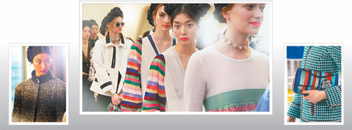 (왼쪽)‘깜봉’ ‘샤넬’ ‘서울’이 한글로 적혀진 블랙 재킷을 입은 모델. (가운데)차례를 기다리는 모델들 가운데 색동 저고리를 떠올리게 하는 볼륨감있는 소매가 눈에 띈다. (오른쪽)색동의 다채로운 색깔을 활용한 샤넬의 핸드백.