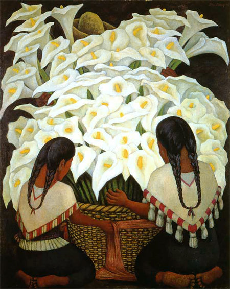 디에고 리베라 ‘카라꽃 파는 사람’1943년 작, 메이소나이트에 유채, 150×120cm 디에고 리베라 작품에 자주 등장하는 카라꽃이다. 꽃을 사려는 여자들 앞에 너무 많은 양의 꽃을 등짐으로 지고 있는 사람이 있다. 꽃의 양 만큼 그의 삶도 무거운 듯 느껴진다.