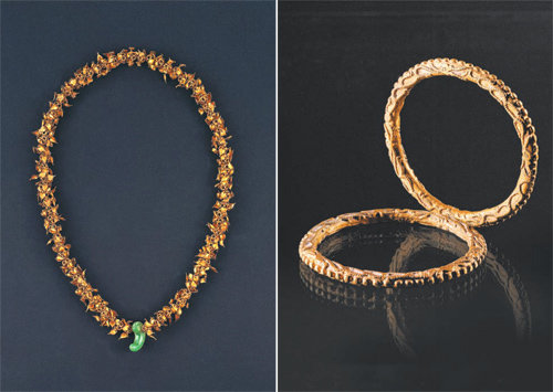 경주 노서리 215번지 고분에서 출토된 금목걸이(왼쪽 사진)와 금팔찌. 이들은 1965년 한일협정에 따라 우리나라에 반환됐다. 국립경주박물관 제공