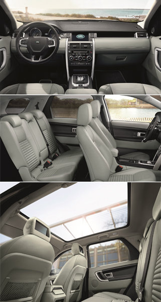 깔끔한 디자인을 갖춘 디스커버리스포츠 실내-앞, 뒤로 최대 160mm까지 조절할 수 있어 여유로운 뒷좌석 공간-모든 좌석에 개방감을 제공하는 파노라믹 글래스 루프(맨 위쪽부터).  사진제공｜재규어랜드로버코리아