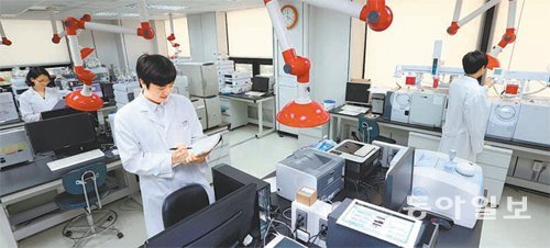 중앙연구소의 한 연구원이 HPLC(고성능 액체 크로마토그래피), GC(가스 크로마토그래피) 등의 장비를 이용하여 각 제품의 안전성 향상을 위한 분석검사를 시행하고 있다.