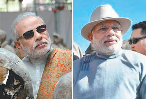 이달 14일 중국 시안의 진시황 병마용 사이에서 선글라스를 낀 채 포즈를 취한 나렌드라 모디 인도 총리(왼쪽). 17일 몽골 전통 의상에 중절모를 쓰고 몽골 초원에서 찍은 모습. 사진 출처 인디아타임스