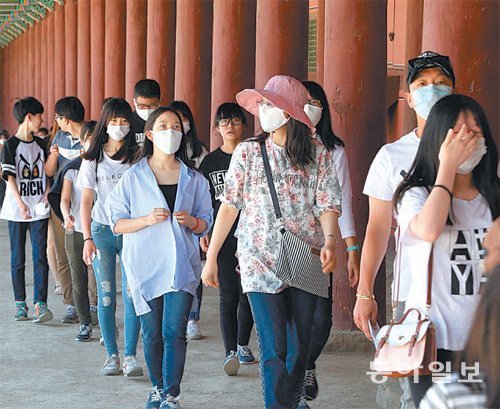 마스크 쓰고 수학여행 메르스 감염 공포가 확산되는 가운데 3일 서울 종로구 경복궁을 찾은 학생과 교사들이 마스크를 쓴 채 걸어가고 있다. 변영욱 기자 cut@donga.com