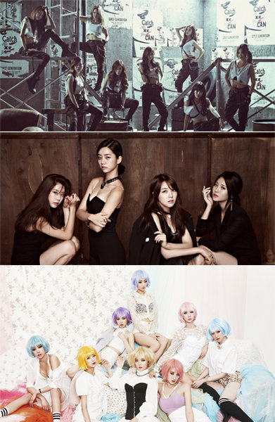 걸그룹 소녀시대-걸스데이-나인뮤지스(맨 위쪽부터). 사진제공｜SM엔터테인먼트·드림티엔터테인먼트·스타제국