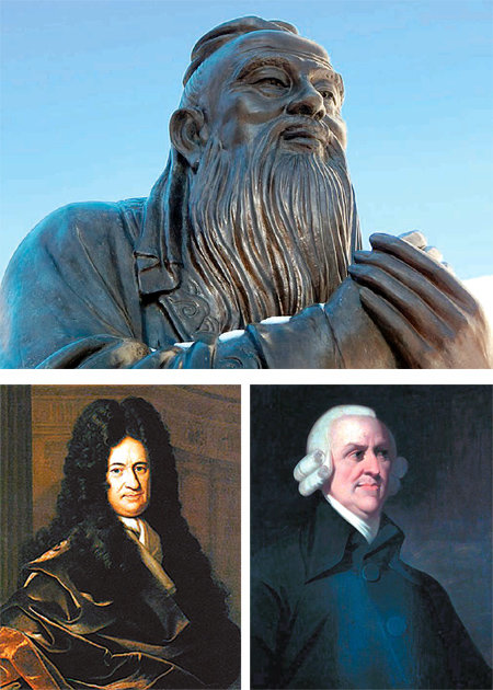 독일의 수학자이자 철학자인 라이프니츠(아래 왼쪽 사진)와 영국의 경제학자 애덤 스미스(아래 오른쪽 사진). 서구 계몽주의를 이끈 거학인 이들은 모두 공자(위 사진)의 사상으로부터 큰 영향을 받았다는 것이 저자의 주장이다. 김영사 제공