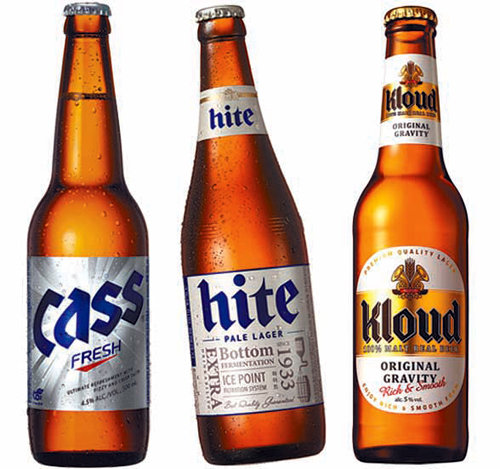 국내 맥주제조업체 3곳의 대표 제품. 오비맥주의 ‘카스’, 하이트진로의 ‘뉴하이트’, 롯데주류의 ‘클라우드’(왼쪽부터). 각 사 제공