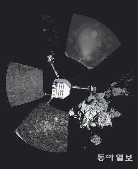 유럽우주기구(ESA)의 혜성 탐사로봇 ‘필레’가 지난해 11월 13일 혜성 ‘67P/추류모프-게라시멘코’에 착륙하기 위해 움직이는 모습. 동아일보DB