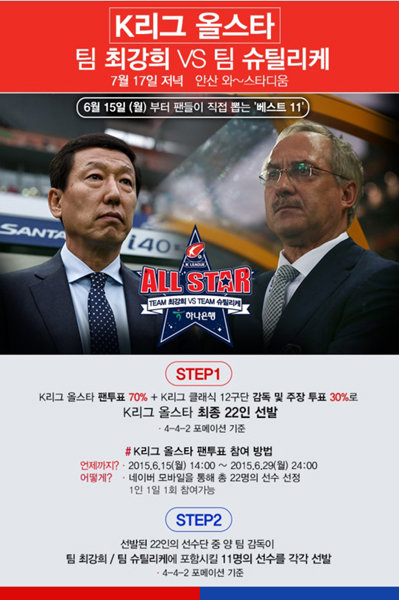 ‘2015 K리그 올스타 팀 최강희 vs 팀 슈틸리케’ 포스터. 사진제공｜한국프로축구연맹
