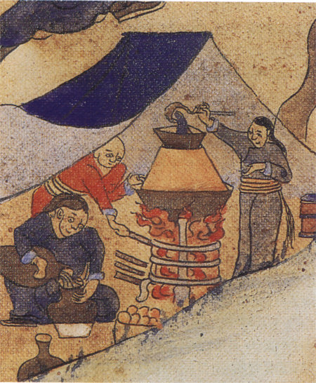 몽골의 근대화가 샤라브가 1910년 그린 ‘몽골의 하루’(몽골국립자나바자르기념미술관 소장)에 묘사한 증류주 제조법. 원나라 때 전해진 증류법이 ‘사아링 아르히라’라는 증류주를 낳았다. 저자 제공