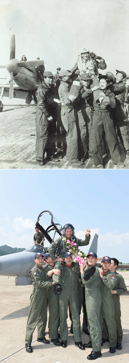 6·25전쟁 당시 최초로 100회 출격을 달성한 김두만 전 공군참모총장이 23일 첫 국산 전투기인 FA-50 비행을 마친 뒤 
목말을 타고 후배 공군 조종사들의 축하를 받고 있다(아래쪽 사진). 김 전 총장이 1952년 1월 11일 100회 출격을 달성한 뒤
 축하를 받고 있는 모습(위쪽 사진)을 떠올리게 한다. 공군 제공