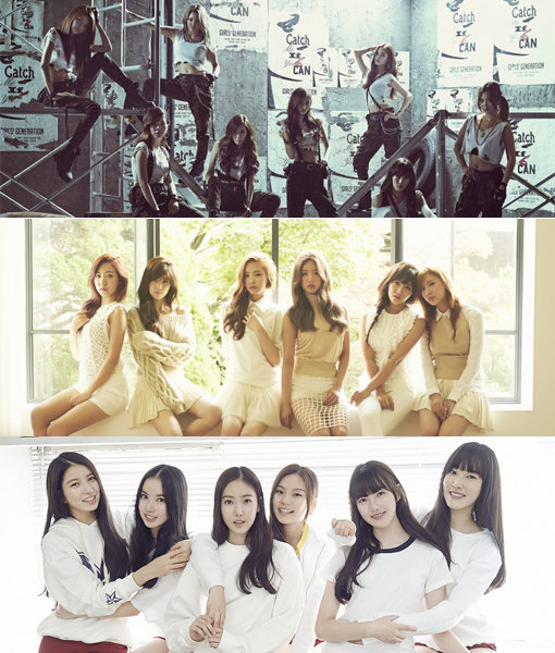 걸그룹 소녀시대-에이핑크-여자친구(맨 위쪽부터). 사진제공｜SM엔터테인먼트·에이큐브엔터테인먼트·쏘스뮤직