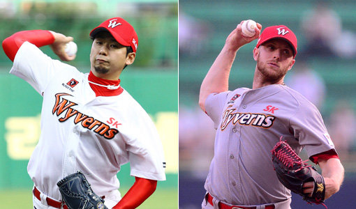 SK 윤희상-켈리(오른쪽). 사진｜Sk와이번스·스포츠동아DB