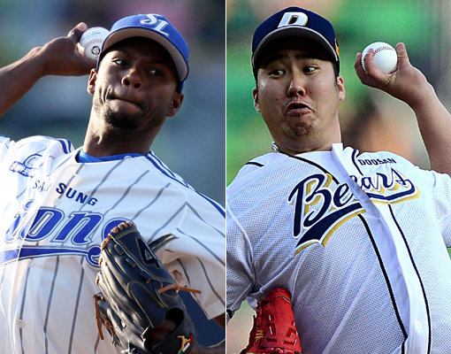 서로 판이하게 다른 유형의 두 투수 알프레도 피가로(삼성·왼쪽)와 유희관(두산)이 다승 공동선두(11승)를 달리며 동반 20승에 도전한다. 성공할 경우 투수 분업화가 정착되기 전인 1985년 김시진, 김일융(이상 삼성), 최동원(롯데) 이후 30년만이다. 사진｜스포츠코리아·스포츠동아DB