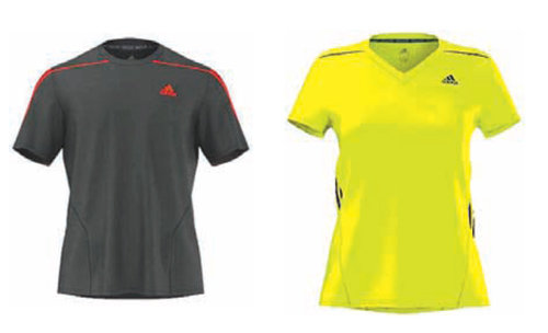 2015 경주국제마라톤 및 공주마라톤 참가자에게 제공되는 아디다스 남자 티셔츠(왼쪽)와 여자 티셔츠.