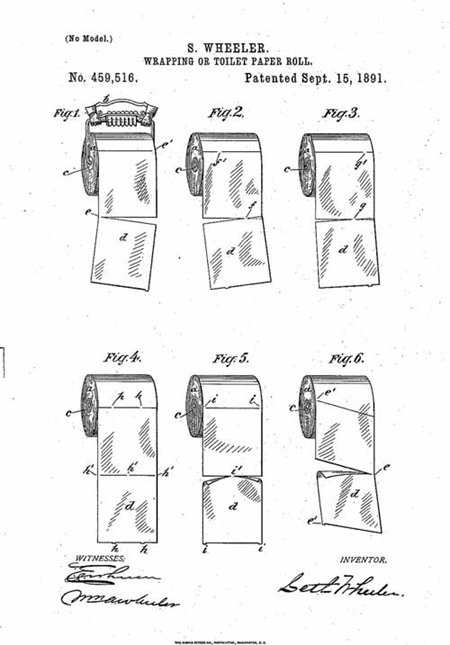 1891년에 작성된 두루마리 휴지 특허 문서에 있는 그림. 휴지 끝이 바깥으로 오게 그려져 있다. Seth Wheeler 제공