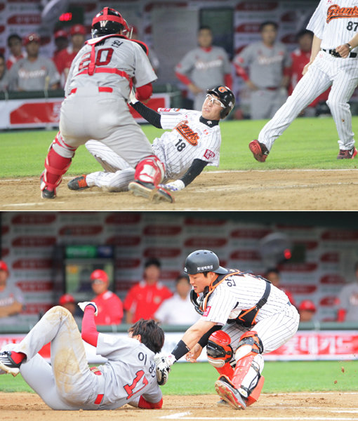 극과 극이었던 홈에서의 수비 장면. 3일 사직 경기 연장 12회말 대주자로 투입된 롯데 투수 박세웅이 홈으로 슬라이딩하자, SK 포수 이재원이 다소 느슨하게 태그하고 있다(위쪽 사진). 4일 경기에선 롯데 포수 안중열이 1회초 SK 이명기를 태그하는 과정에서 홈플레이트를 막아서는 바람에 충돌한 이명기가 부상을 입을 뻔했다. 사진제공｜롯데 자이언츠