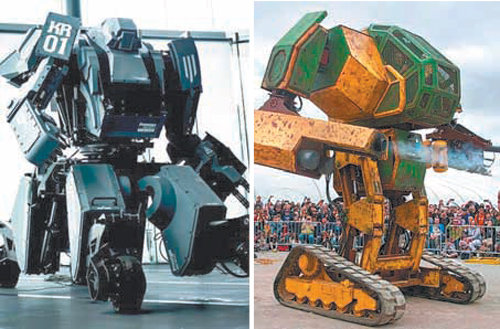 1년 뒤 ‘세기의 대결’을 펼치기로 한 일본과 미국의 대형 로봇. 왼쪽이 일본 스이도바시의 구라타스, 오른쪽은 미국 메가보츠의 마크2. 유튜브 동영상 캡처