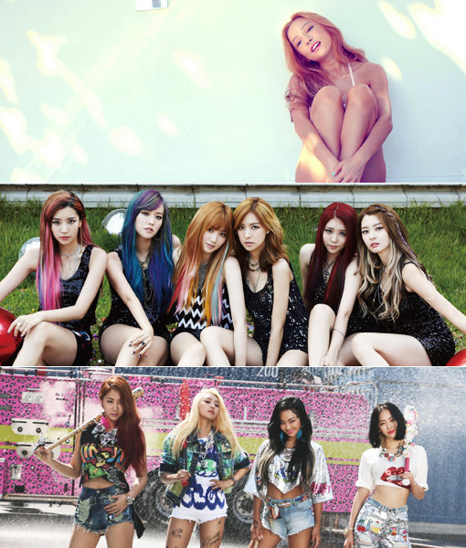 구하라, 헬로비너스, 씨스타(맨 위쪽부터)등 여성가수들이 섹시 콘셉트의 다양한 시도로 주목받고 있다. 사진제공｜DSP미디어·판타지오뮤직·스타쉽엔터테인먼트