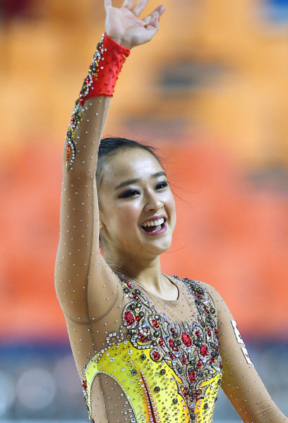 손연재는 사상 첫 U대회 개인종합 금메달을 획득하며 2016리우데자네이루올림픽 메달권 진입 가능성을 높였다. 사진제공｜광주유니버시아드 조직위원회