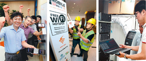 국내 이동통신 3사가 15일부터 17일까지 중국 상하이에서 열리는 ‘모바일월드콩그레스(MWC) 상하이 2015’에 참가한다. 왼쪽
 사진부터 SK텔레콤과 손잡고 박람회에 나선 ‘브라보! 리스타트’ 3기 스타트업 임직원들, KT가 선보이는 기가 와이파이 최종 
점검 현장, LG유플러스의 LTE 음성통화 서비스 테스트 장면. 각 업체 제공