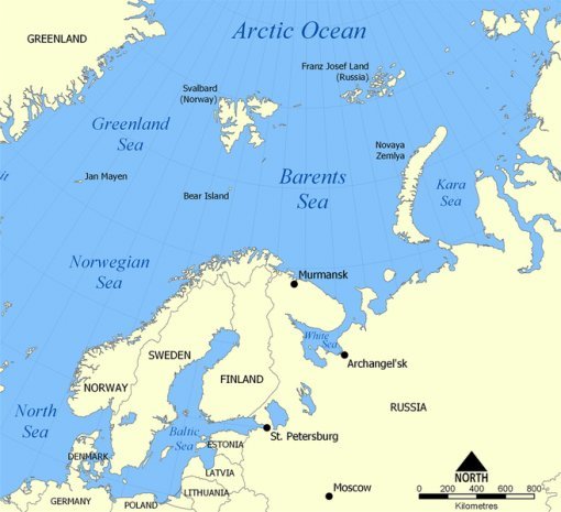 전력원잠을 운영하는 러시아 북해함대는 바렌츠해기지를 모항으로 한다. 위 지도는 바렝츠해 위치를 보여준다 -위키피디아