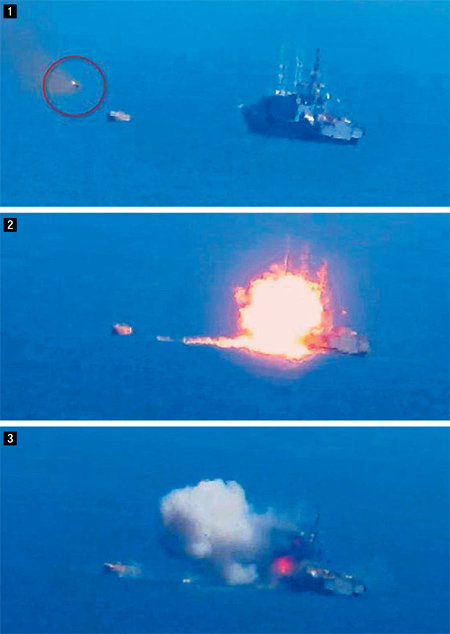 IS가 공개한 ‘군함 공격’ 장면 16일 지중해 동부 연안에서 이슬람 무장단체 ‘이슬람국가(IS)’가 쏜
 것으로 추정되는 미사일(원 안)이 이집트 군함으로 향하고 있다 ①. 미사일 공격을 받은 군함에서 큰 폭발이 일어났고 ② 
곧이어 흰 연기가 솟아올랐다 ③. IS는 “우리 대원들이 공격했다”며 공격 장면을 트위터에 올렸다. 트위터 캡처