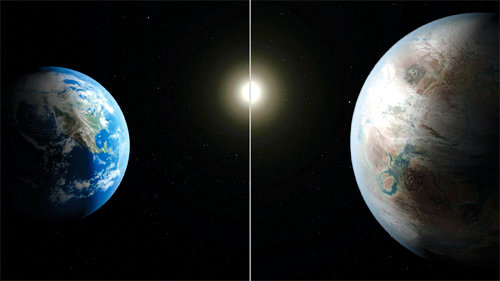 또 하나의 지구? 지구(왼쪽)와 케플러-452b의 모습을 그린 상상도. 미국항공우주국(NASA)이 23일 발견했다고 밝힌 케플러-452b는 크기와 공전 주기 등이 지구와 비슷해 ‘제2의 지구’로 주목받고 있다. NASA 제공