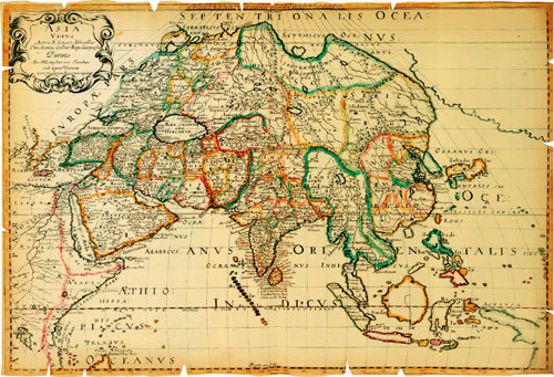 1672년 출판된 상송의 지도 ‘옛날의 아시아’. 제주도를 괴물 인간이 사는 땅이라는 뜻의 사티로룸 섬(Satyrorum I.)이라고 표기했고, 중국의 상하이 연안도 사티로룸 곶(Satyrorum prom.)이라고 표시했다. 프랑스 국립도서관 소장. 푸른길 제공