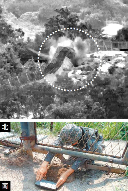 의도적으로 묻어 폭발… 北지뢰 파편 발견 4
일 서부전선 비무장지대(DMZ)에서 북한군이 군사분계선(MDL)을 넘어와 의도적으로 매설한 지뢰가 터지자 철책이 흔들리고 흙먼지가
 솟아오르고 있다(위쪽 사진 원 안). 우리 군 수색대원 2명이 크게 다쳤다. 현장 조사 과정에서 군 관계자가 철조망 아래로 
손을 넣어 북한의 목함지뢰 매설이 실제로 가능하다는 것을 보여주고 있다. 합동참모본부 제공