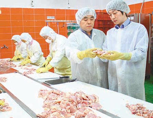 11일 급식업체인 현대그린푸드의 닭고기 구매담당자 강승찬 씨(오른쪽)가 협력업체인 에이스푸드의 윤준현 대표(오른쪽에서 두 번째)와 급식에 쓰일 닭의 품질 상태를 꼼꼼히 살펴보고 있다. 현대그린푸드 제공