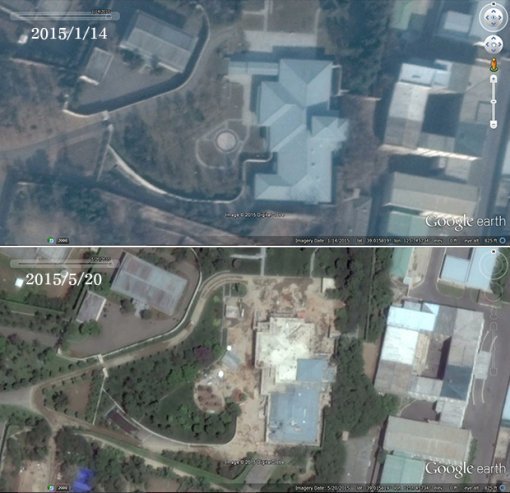 신축공사 중인 김정은 15호 관저. 1월 14일자 위성사진(위)과 5월 20일자 위성사진(아래)을 비교해 보면 북쪽 지붕이 철거되고 정원 조경공사가 진행되고 있다. 구글어스 캡처