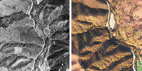 전국의 산을 푸르게 만든 것은 광복 70주년을 맞은 대한민국의 주요성과 중 하나다. 1973년 촬영한 강원 오대산 월정사 사진(왼쪽)에서는 산에 나무가 거의 없지만 2014년 같은 장소를 촬영한 사진에서는 울창한 산림을 볼 수 있다. 한국임업진흥원 제공