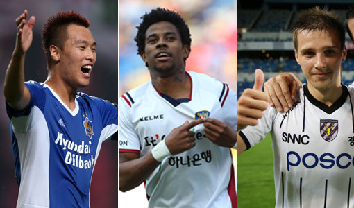 울산현대 김신욱-FC서울 아드리아노-전남 드래곤즈 오르샤(맨 왼쪽부터). 사진제공｜한국프로축구연맹·대전시티즌