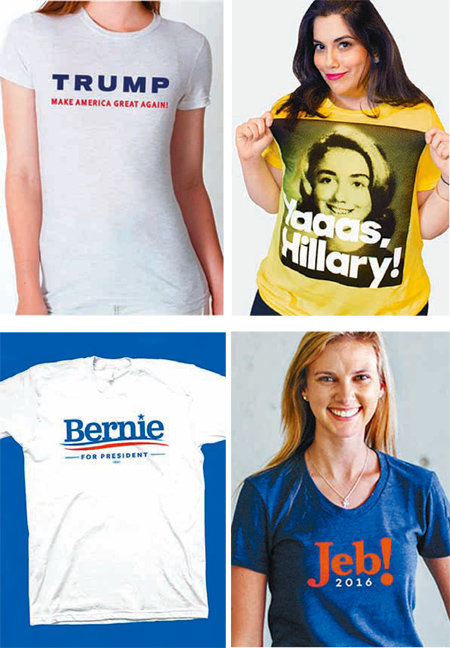 미국 대선 경선 주자들이 홈페이지에서 파는 기념품에도 각 주자들의 특성이 묻어난다. 위부터 도널드 트럼프, 힐러리 클린턴, 버니 샌더스, 젭 부시 후보의 기념 티셔츠들.