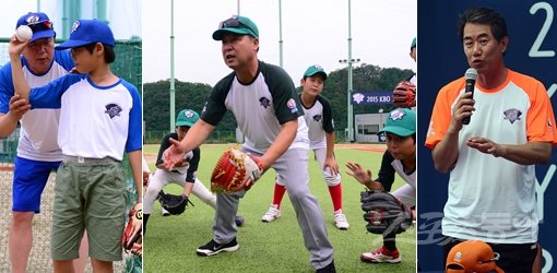 ‘레전드 BIG 3(이만수·김시진·선동열)와 함께 하는 2015 KBO 유소년 야구캠프’가 18∼20일 경기도 연천 고대산 베이스볼파크에서 진행되고 있다. 19일 선동열 전 KIA 감독(왼쪽)은 한 어린이의 투구동작을 봐주고 있고, 이만수 전 SK 감독은 포구동작을 가르치고 있다(가운데). 김시진 전 롯데 감독은 아이들의 질문에 친절히 답해주고 있다. 연천｜김진환 기자 kwangshin00@donga.com