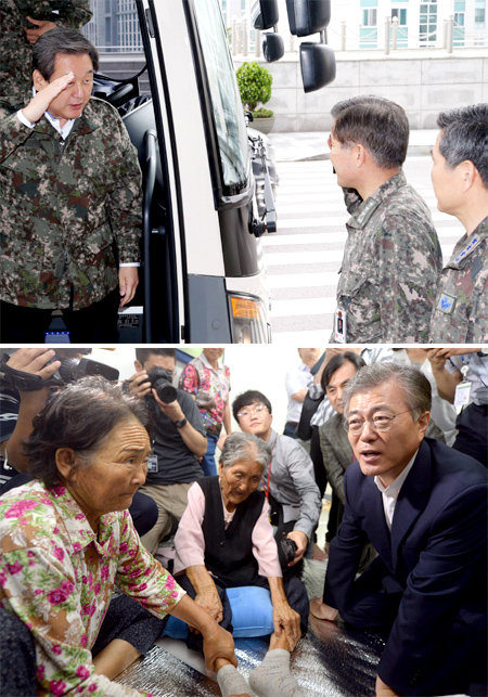 軍찾아… 民찾아… 북한의 포격 도발로 남북 간 군사적 긴장감이 높아지자 여야 지도부가 21일 일제히 
안보 현장을 찾아 나서고 있다. 새누리당 김무성 대표가 서울 용산구 합동참모본부를 방문해 마중 나온 지휘관들의 경례에 답례하고 
있다(위쪽 사진). 새정치민주연합 문재인 대표는 경기 연천군 중면사무소 대피소를 찾아 긴급 대피한 주민들을 격려하고 있다. 
새누리당 제공·연천=원대연 기자 yeon72@donga.com