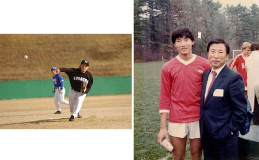 사회인 야구대회에서 공을 던지는 조현준 사장(왼쪽). 고교생 시절 아버지 조석래 회장과 함께.