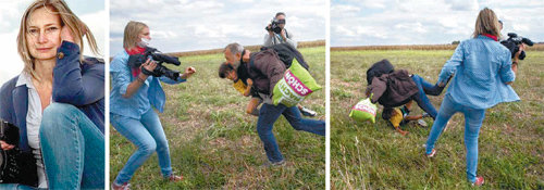 국경지대 난민을 발로 걷어차는 동영상이 공개된 헝가리 여성 카메라기자 라슬로 페트러. 그는 8일 자신이 몸담고 있던 방송사 
N1TV에서 해고됐다(왼쪽 사진). 라슬로가 아이를 안고 도망가는 난민 남성을 막아서며 카메라를 들이대고 있는 모습(가운데 
사진). 그의 발길질에 넘어진 난민 남성이 아이와 함께 바닥에 나뒹굴고 있다(오른쪽 사진). 사진 데일리메일