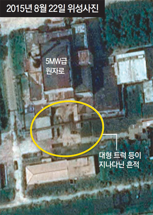 38노스가 분석한 북한 영변 핵시설 중 원자로 인근 위성사진의 일부. 가운데 둥근 원 부분이 대형 트럭 등이 지나다닌 흔적이고, 바로 윗부분이 5MW급 원자로다. 사진 출처 38노스