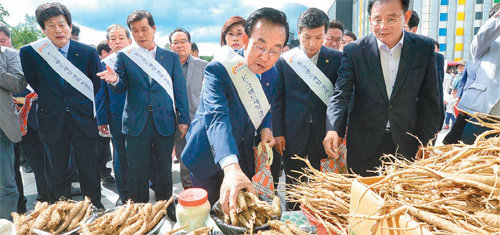 15일 경북 경주세계문화엑스포공원 선덕광장에 문을 연 농특산물 직거래 장터에서 김관용 경북지사(가운데)가 더덕을 구입하고 있다. 경북도 제공